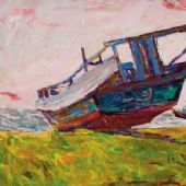 旧木船，80cm×144cm，油画，2009 年