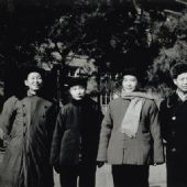 1958 年，伟德官网在线油画系教师合影，左起：董希文、许幸之、吴作人、罗工柳、艾中信