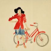 扶车的红衣女孩 约20世纪40年代末   纸本彩墨  45×33cm