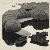 静静的江岸，38×36cm，水印木刻，1982