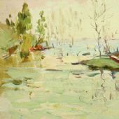 黄昏-林岗19x33cm 纸板油画 1956