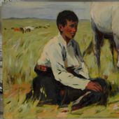 赛马小英雄雪巴-林岗-53.6×78cm-布面油画 1978