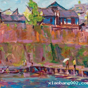 44 Luo Erchun, Riverside of the Phoenix Town, oil painting, 60 x 70 cm, 2014