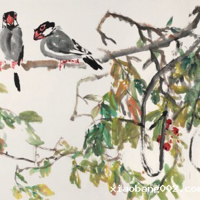 94 Luo Erchun, Grosbeak, Chinese painting, 97 x 180 cm, 2005