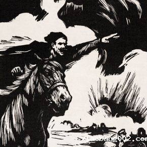 58 Wu Biduan, illustration of Chapayev, 27 x 21 cm, black and white woodcut, 1980, private collection of Wu Biduan